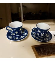 El Yapımı Kabartma Desenli İç Detaylı 2 Kişilik Türk Kahvesi Fincan Seti (Lacivert)