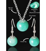 Sertifikalı Küre Model Akuamarin Taşı Kolye ve Küpe Seti - Gümüş Aparatlı (Çok Renkli)