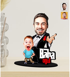 Kişiye Özel Babalar Günü Hediyesi Godfather Baba Oğul Karikatürlü Ahşap Biblo
