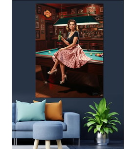 Bilardo Oynayan Pin-Up Kadın Retro Dekoratif Kanvas - Mdf Ahşap Tablo