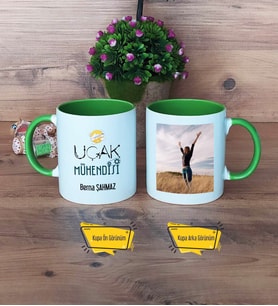 Uçak Mühendisi Kupa Bardak Yeşil Fotoğraflı Mühendisler Günü Hediyesi