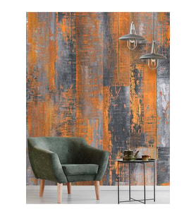 Dreamwall Eskitme Ahşap Desenli Isı Ve Ses Yalıtımlı Sağlıklı Tekstil Duvar Kağıdı (Siyah - Turuncu)