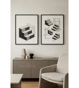 Minimalist Mimari Merdiven ve Geometrik Tasarım 2’li Ahşap Çerçeveli Tablo Seti