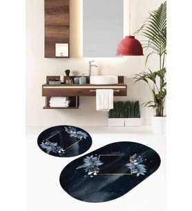 Lacivert Çiçek Temalı Oval Banyo Klozet Paspas Seti BS095