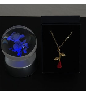 I Love You Yazılı Gül Desenli Cam Küre Işıklı & Gül Kolye