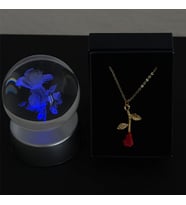 I Love You Yazılı Gül Desenli Cam Küre Işıklı & Gül Kolye
