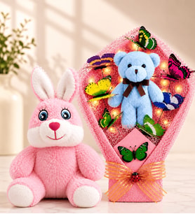 LED Işıklı Peluş Ayıcık Buketi ve Pembe Peluş Tavşan Sevgiliye Arkadaşa Anneye Kadına Hediye