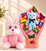 LED Işıklı Peluş Ayıcık Buketi ve Pembe Peluş Tavşan Sevgiliye Arkadaşa Anneye Kadına Hediye