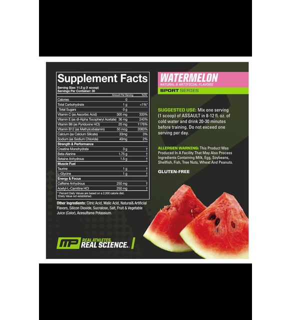 MusclePharm Assault Sport 30 Servings - Pre-Workout with Caffeine, Acetyl-L- Carnitine, Taurine, L-Glycine, Creatine Monohydrate, Beta-Alanine & Betaine  Anhydrous.3554