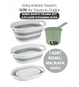 Banyo Su Kovası Katlanabilir Beyaz-Gri- Maşrapa Renkli -2'li Bebek Banyo Se