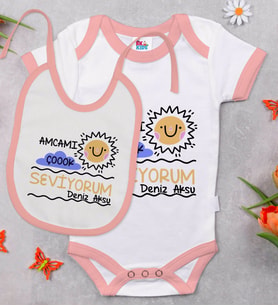 BK Kids Kişiye Özel Amcamı Çok Seviyorum Tasarımlı Pembe Bebek Body Zıbın ve Mama Önlüğü Hediye Seti