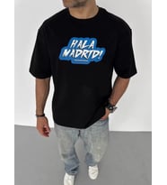 Unisex Bisiklet Yaka Baskılı Oversize T-Shirt - Siyah