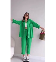 Keten Günlük İkili Takım Elbise Pantolon Gömlek (Yeşil)