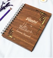 Kişiye Özel İstanbul Desenli Ahşap Kapaklı Defter - Ajanda - İsme Özel - A5 60 Yaprak (120 SAYFA) Hediyelik (Gold)