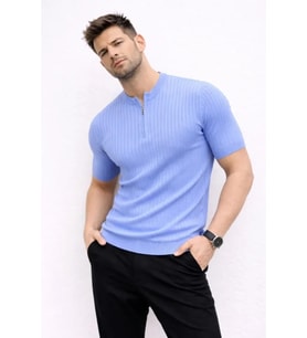 Erkek Kısa Kol Fitilli Triko T-Shirt Yazlık Hakim Yaka Tişört - Bebek Mavisi