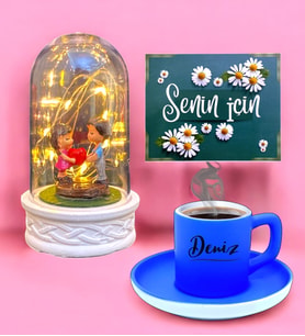 İsimli Mavi Renkli Kahve Fincanı ve Led Işıklı Tasarım Fanus ve  Kişiye Özel Hediye Seti (Model 7)