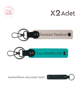 14 Şubat Hediyesi, İsim & Soyisim Kişiselleştirilmiş 2’li Anahtarlık, Pudra-Koyu Turkuaz-Siyah