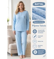 Lindros Kadın Düğme Yaka Raporlu İnterlok KIŞLIK Battal Pijama Takımı 03018 - 1 Adet