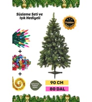 Premium Kutu Süsleme Seti Yılbaşı Çam Ağacı Renkli Işığı Yeni Yıl Süsleri Noel Paketi 90 Cm 80 Dal