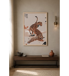 İkiz Sıçrayış Japon Leoparları Ahşap Çerçeveli Duvar Tablosu