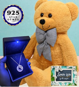 80 cm Kahve Peluş Ayıcık ve Işıklı Kutusunda 925 Ayar Gümüş Kolye (Model 6)