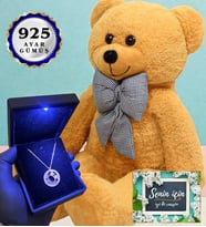 80 cm Kahve Peluş Ayıcık ve Işıklı Kutusunda 925 Ayar Gümüş Kolye (Model 6)