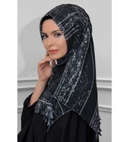 Füme Pratik Hazır Geçmeli Tesettür Eşarp Kesik Elyaf Piliseli Çizgili Desenli 1818D2_25