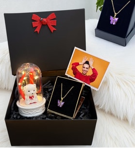 Kelebek Kolyeli Fotoğraflı Kişiye Özel Hediye Kutusu - Premium Set (Model 4)