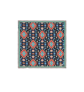 Bursa İpek Lacivert Kırmızı Çini Lale Desen İpek Mendil