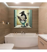 Tekli Kare Kanvas Banyo Tablosu Gazete Okuyan Çizgisel Karga