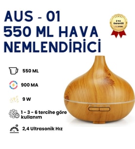 AUS-01 550 ml Büyük Kapasiteli Sessiz Çalışan Akıllı Hava Nemlendirici, LED Işıklı, Zaman Ayarlı, Otomatik Kapanma Özellikli Ultra Sonik Buhar Makinesi