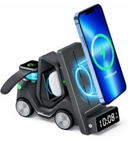 T20 15W 5'i 1 Arada Magsafe Kablosuz Şarj İstasyonu, Dijital Saatli Forklift Tasarım, iPhone 16/15/14/13/12, Apple Watch, AirPods Uyumlu Masaüstü Hızlı Şarj Standı (Siyah)