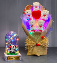 Renkli Led Işıklı Ayıcık Buketi & Kişiye Özel Renkli Led Işıklı Pandalı Fanus