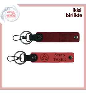 Üç Ayyıldızlı Aile Hatırası – Kişiye Özel 2’li Deri Anahtarlık Takımı, Hediyelik, Bordo-Nar Çiçeği