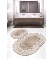 Dijital Baskılı Kaymaz Taban Yıkanabilir Oval 2'li Klozet Takımı Banyo Paspası NOKZ-HK-104 (Kahverengi)