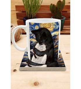 Kediler ve Sanat/Van Gogh Yıldızlı Gece The Starry Night Set 8 - Standart Kupa-Taş Bardak Altlığı 4