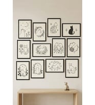 12 Parça Minimalist Kedi İllüstrasyonlu Dekoratif Çerçeve Görünümlü Tablo Seti
