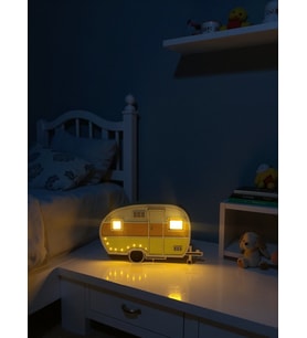 Karavan Temalı Dekoratif Aydınlatma ve Gece Lambası Ahşap MDF (El Yapımı) (Beyaz-Sarı)