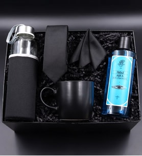 270ml Rebul Aqua Erkek Kolonya & Özel Kılıflı 500Ml Su Matarası & Siyah Kravat & Siyah Mat Kupa Hediye Seti