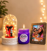 Kişiye Özel Fotoğraflı LED Işıklı Fanus (sırt sırta) ve Kokulu Cam Mum Hediye Seti