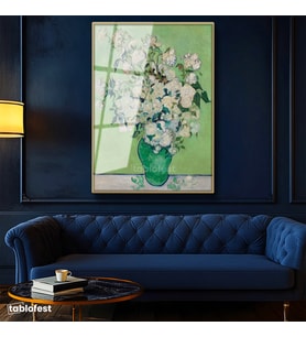 Altın Renk Metal Çerçeveli Tamperli Cam Tablo Vincent van Gogh Beyaz Güller ve Yeşil Vazo Zemin Ressam Tablosu Dekoru