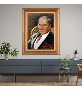 Altın Varaklı Çerçeveli Paspartulu Atatürk Tablo DC0570 (Gold)