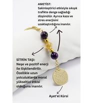 Doğal Taşlı Metal Ayetel Kürsi Dualı Araba Dikiz Ayna Süsü, Ametist ve Sitrin Taşı