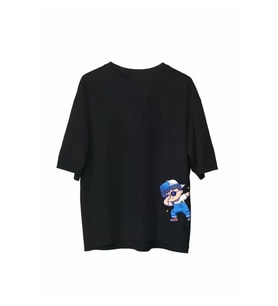 Unisex Bisiklet Yaka Baskılı Oversize T-Shirt - Siyah