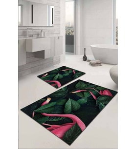 Yeşil Yapraklı Desen Banyo Halısı Klozet Paspas Seti BS047