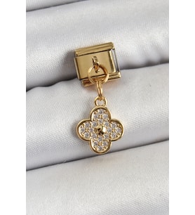 316L Çelik Sallantılı Zirkon Taşlı Yonca Model Gold Renk Nomination Charm - Lisinya