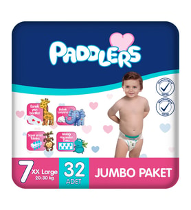 Paddlers Bebek Bezi 7 Numara XX-Large (20-30 Kg) 32 Adet – Jumbo Paket, Yüksek Emicilik