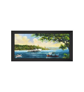 İstanbul Boğaz Vapuru Motifli Kanvas Tablo 80 x 110 cm Siyah Çerçeve