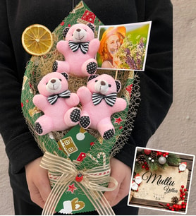 Yılbaşı Hediyesi Size Özel Fotoğraflı Büyük Boy Pembe Peluş Ayıcık Buketi (Yeşil)