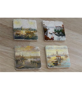İstanbul Manzaraları Doğal Taş Bardak Altlığı 4'lü set - Natural Stone Coasters